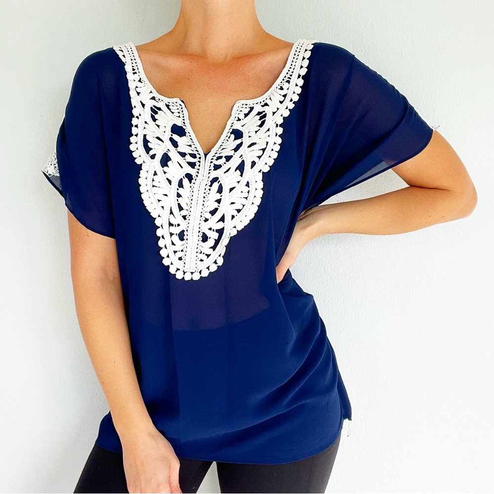 My Michelle navy blue sheer lace trim blouse size XL